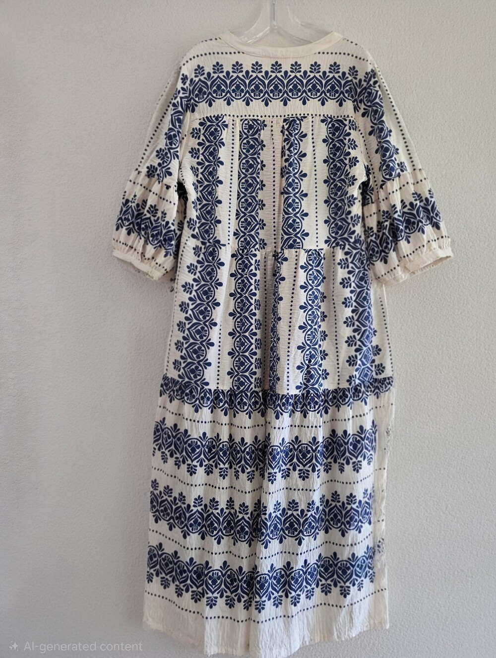 🆕️Fig + Flower 🌺 Women's Blue & Cream Embroidered V-Neck Large Midi Dress - Picture 10 of 11